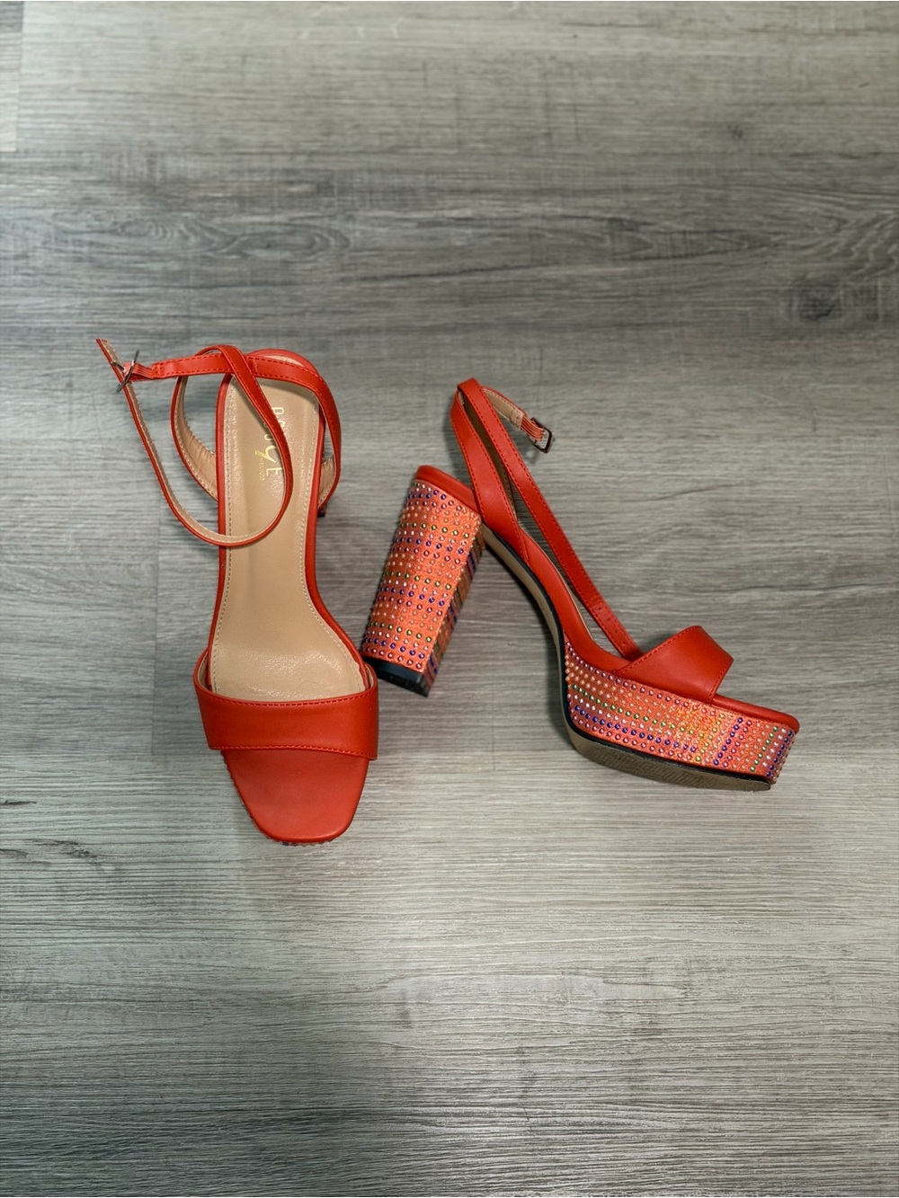 Red Orange Platform Ankle-Strap Sandals with Embellished Heel